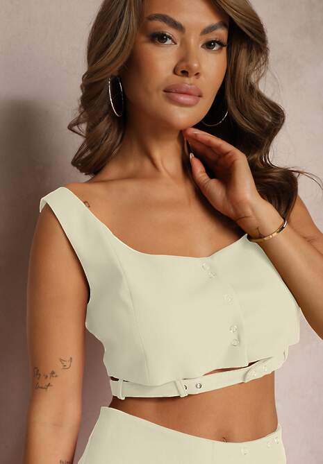 Jasnozielony Top Wykończony Materiałowym Paskiem w Talii i Zapięciem na Napy Tiamalea