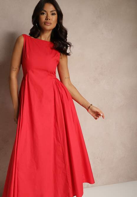 Czerwona Rozkloszowana Sukienka Koktajlowa z Bawełny z Dekoltem Łódką i Kieszeniami Fanilra