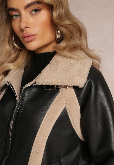 Czarna Kurtka Biker z Imitacji Skóry i Kożuszkiem Nilos