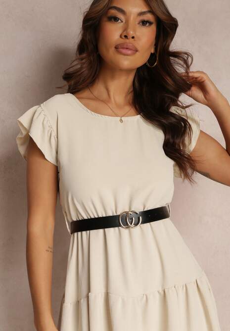 Jasnobeżowa Sukienka Mini z Falbankami Paskiem i Gumką w Talii Lavada