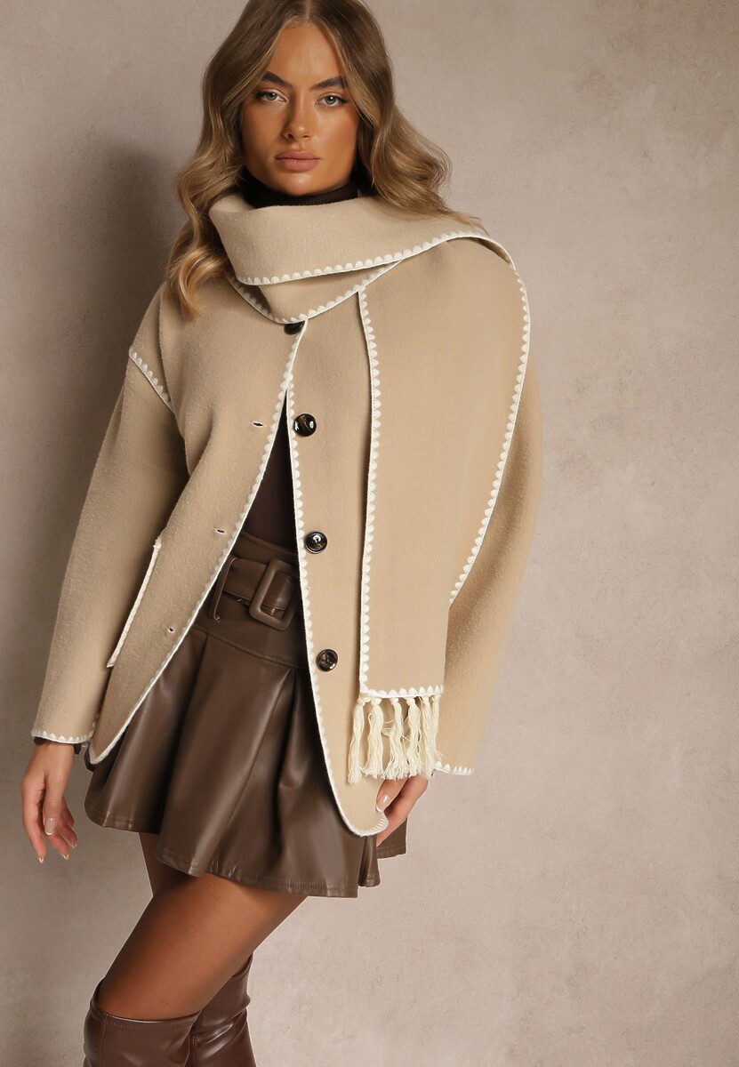 Beżowa Kurtka Oversize z Szalikiem i Ozdobnymi Przeszyciami Claritila