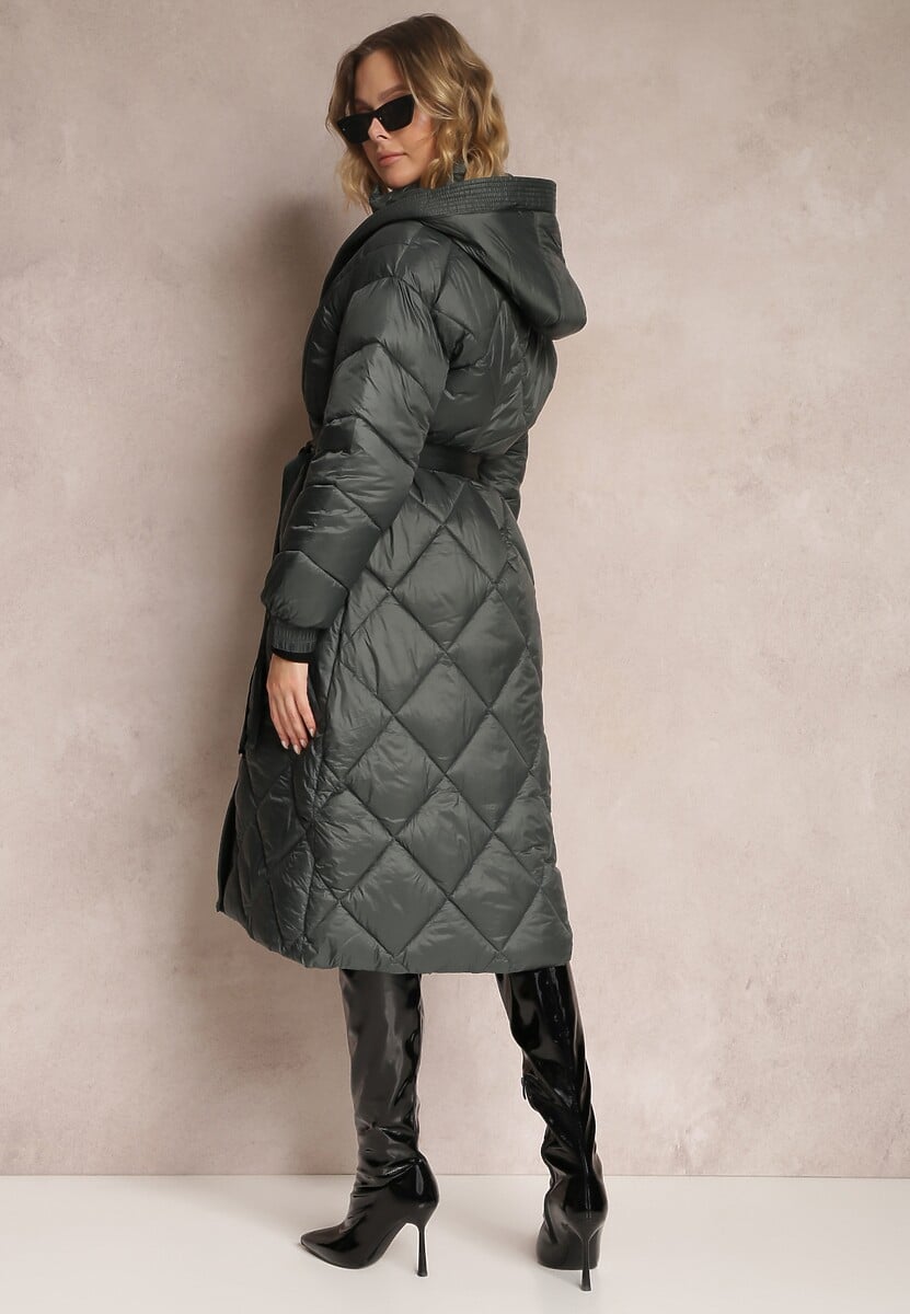 Ciemnozielona Kurtka za Kolano Pikowana z Wiązanym Paskiem Cealia