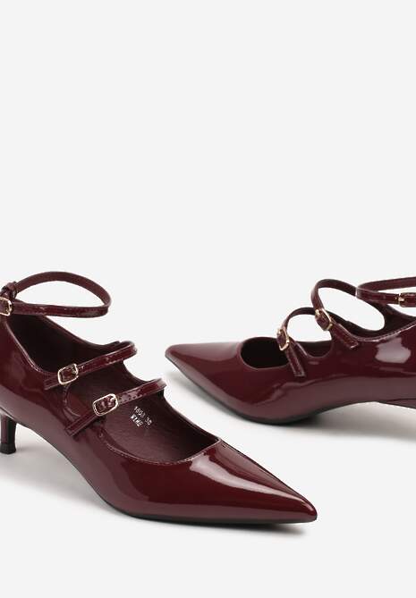 Bordowe Czółenka Lakierowane Typu Kaczuszka Wykończone Paseczkami i Sprzączkami Konstisa