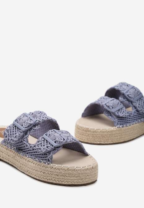 Niebieskie Klapki z Ozdobną Plecionką z Juty z Niską Platformą i Sprzączkami Rialmar