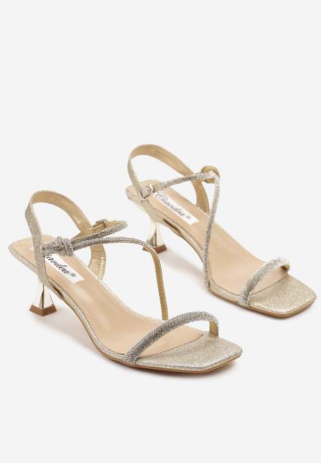 Złote Sandały na Ozdobnym Obcasie z Cyrkoniami na Paseczkach Emkio