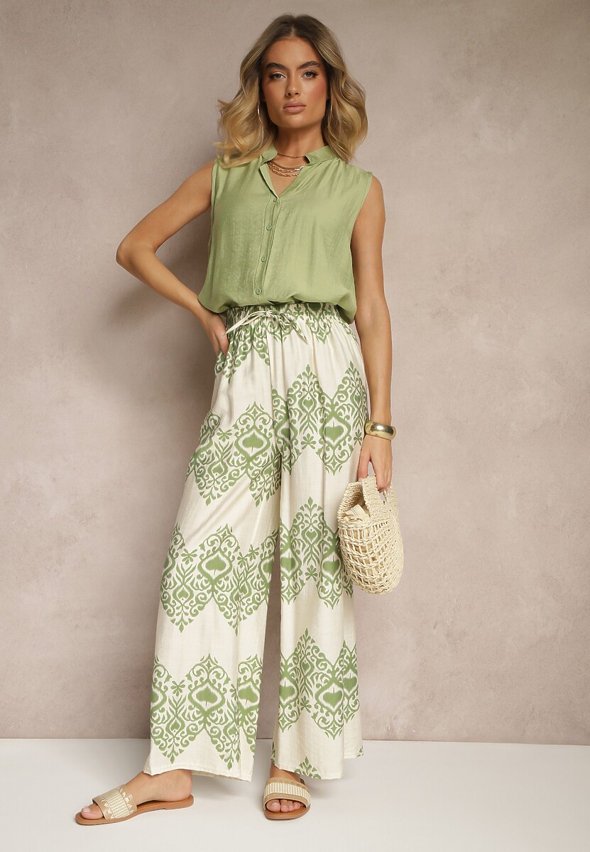 Zielone Spodnie z Wiskozy o Szerokim Kroju High Waist ze Wzorem Boho Neolissea