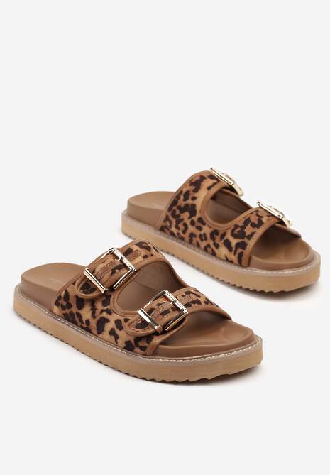Brązowe Panterkowe Casualowe Klapki z Paskami ze Sprzączkami Palamara