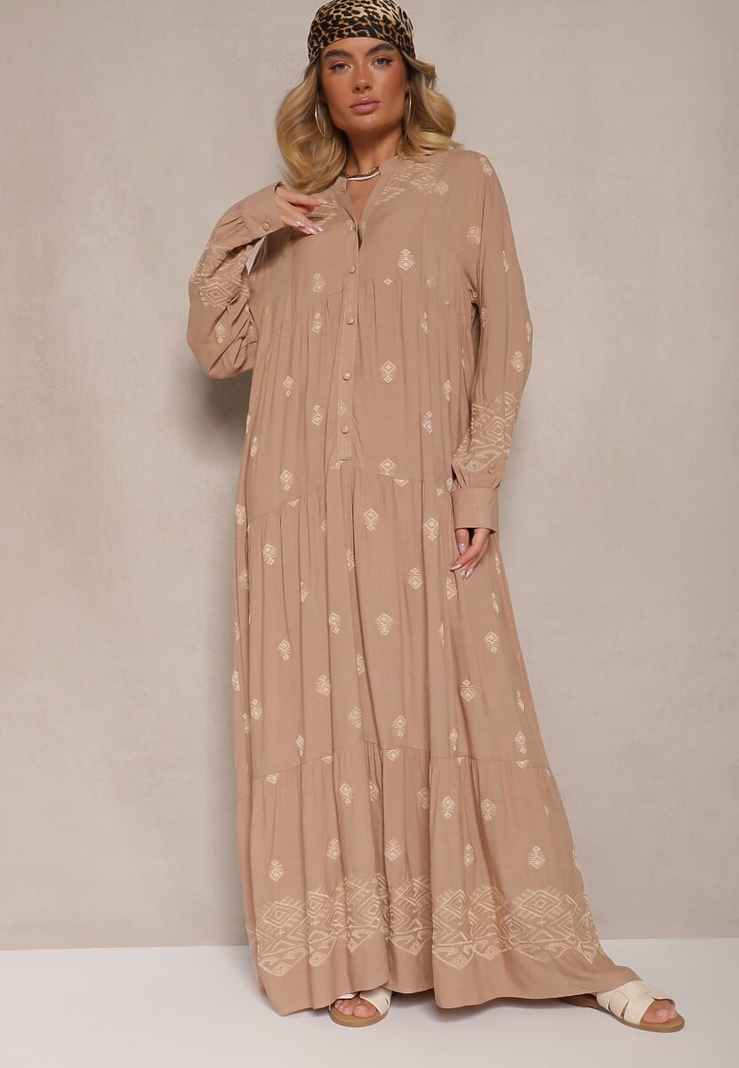 Jasnobeżowa Rozkloszowana Sukienka Ozdobiona Haftem i Wzorem Boho Ronavere