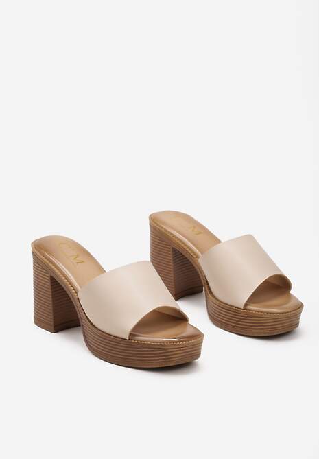 Beżowe Klapki na Słupku z Platformą Ozdobione Drewnianą Wstawką Mariste