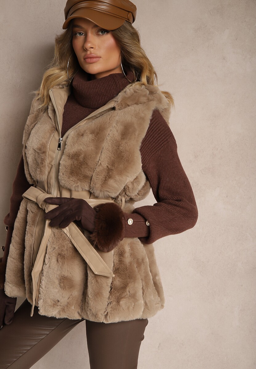 Brązowa Kamizelka Futerko z Kapturem i Kieszeniami Wiązana w Talii Jackiena