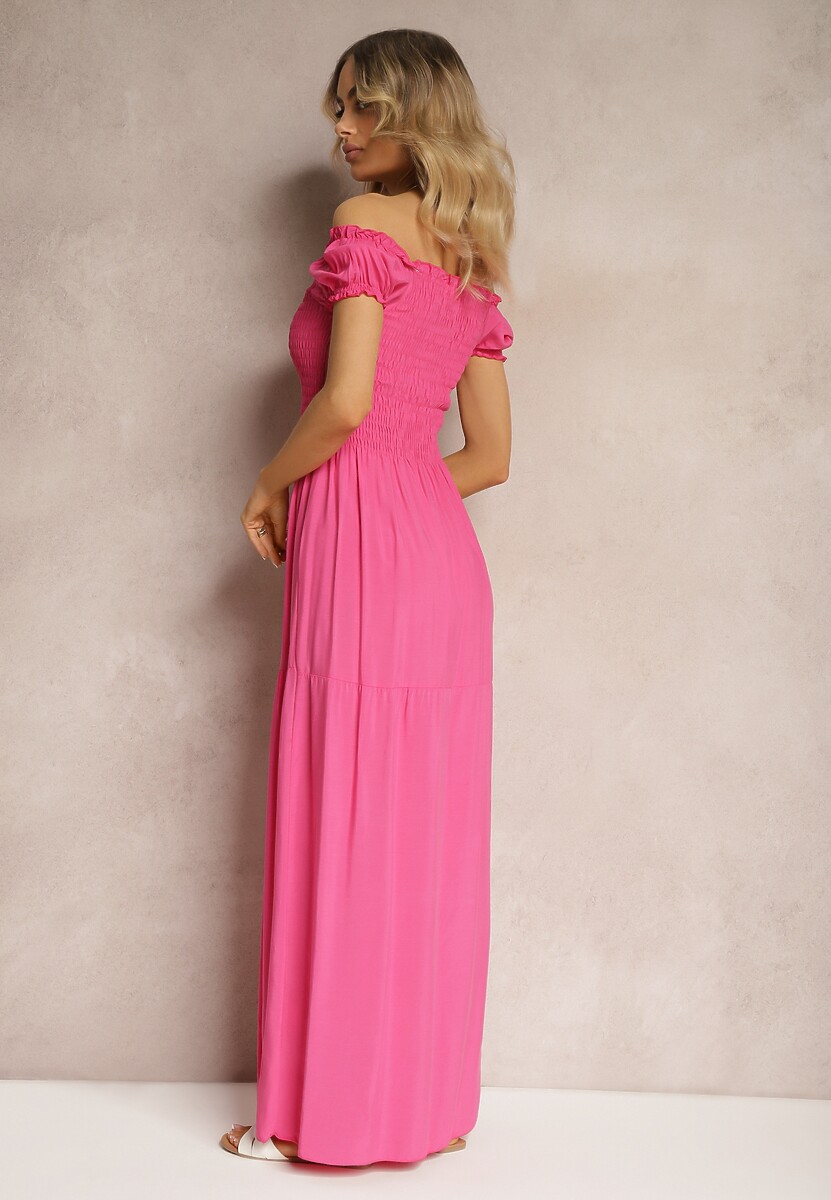 Różowa Sukienka Hiszpanka z Wiskozy z Górą Marszczoną Gumkami Moallme