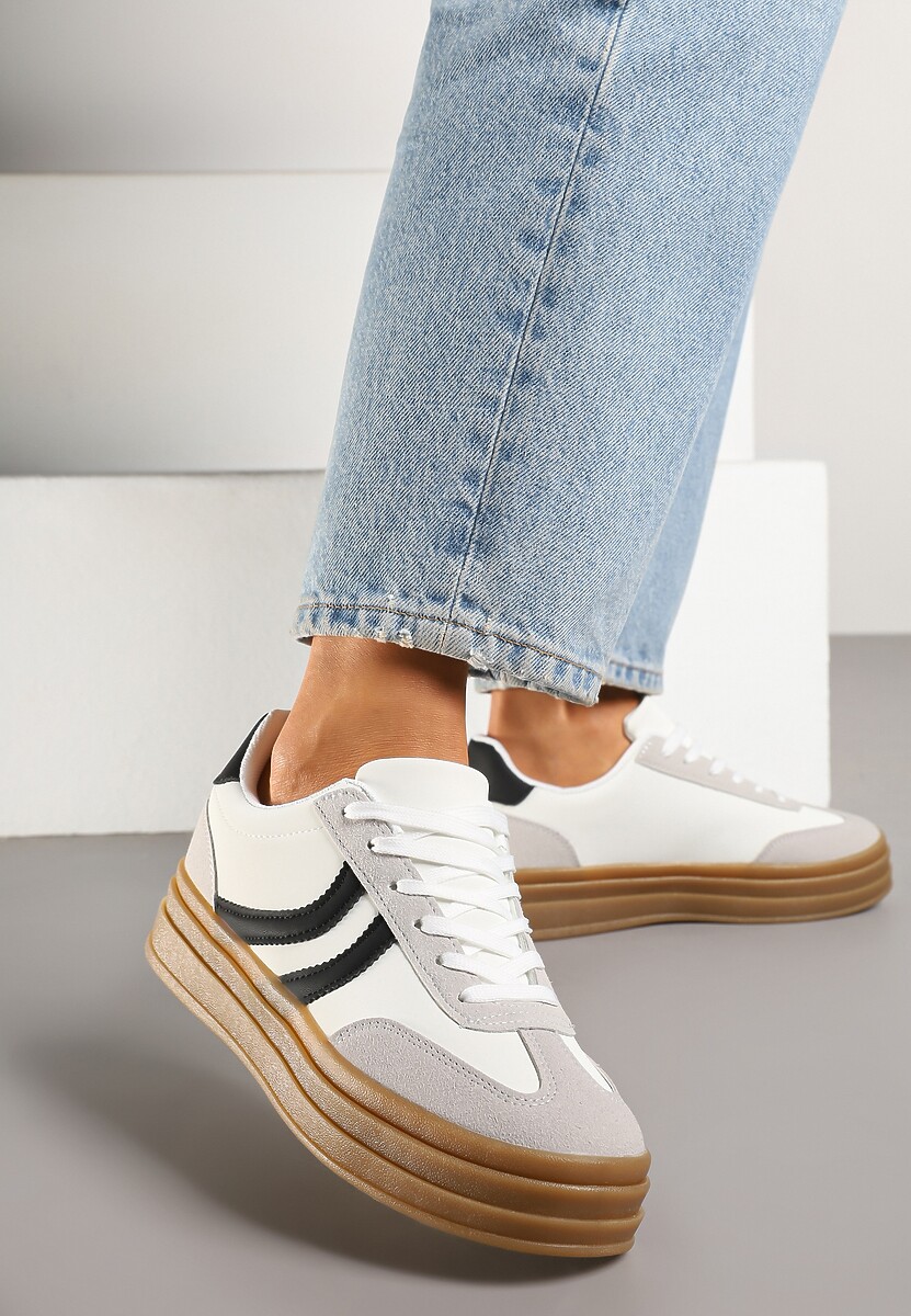 Białe Sneakersy Typu Kultowe Tenisówki na Grubej Podeszwie z Tłoczeniem Lisanitea