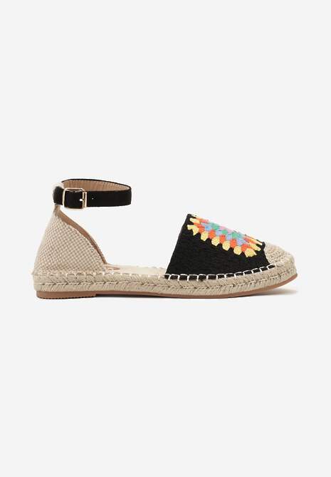 Czarne Espadryle na Płaskiej Podeszwie Zapinane na Sprzączkę z Plecioną Podeszwą Laveda