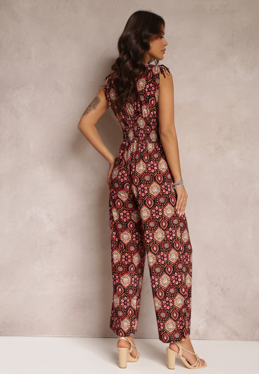 Czarno-Czerwony Długi Kombinezon z Gumkami w Pasie i Sznurkami na Ramiączkach Ezri