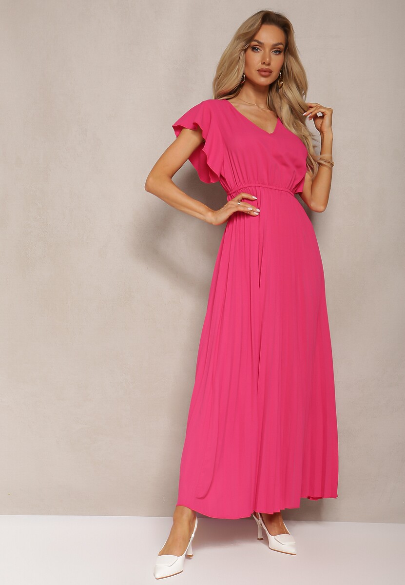 Ciemnoróżowa Rozkloszowana Sukienka z Plisami Maxi z Falbankami przy Ramionach Nethula