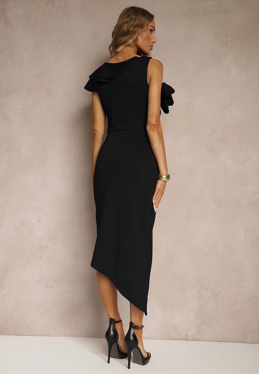 Czarna Koktajlowa Asymetryczna Sukienka Vices z Kwiatem 3D i Falbankami Tolelira