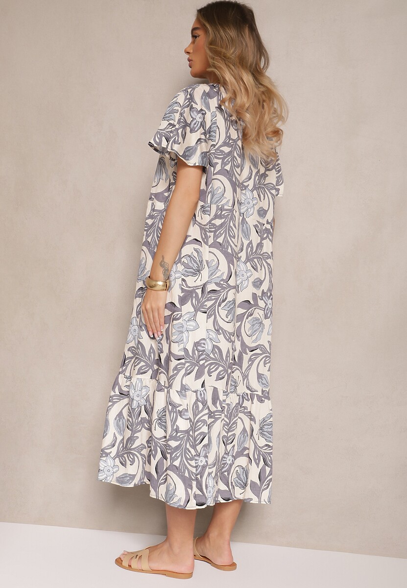 Szara Sukienka Wiskozowa o Pudełkowym Kroju w Kwiatowy Print Ranisla