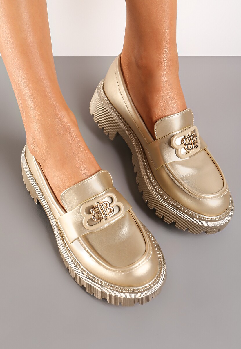 Złote Mokasyny z Literkami na Klamerce Nalastra