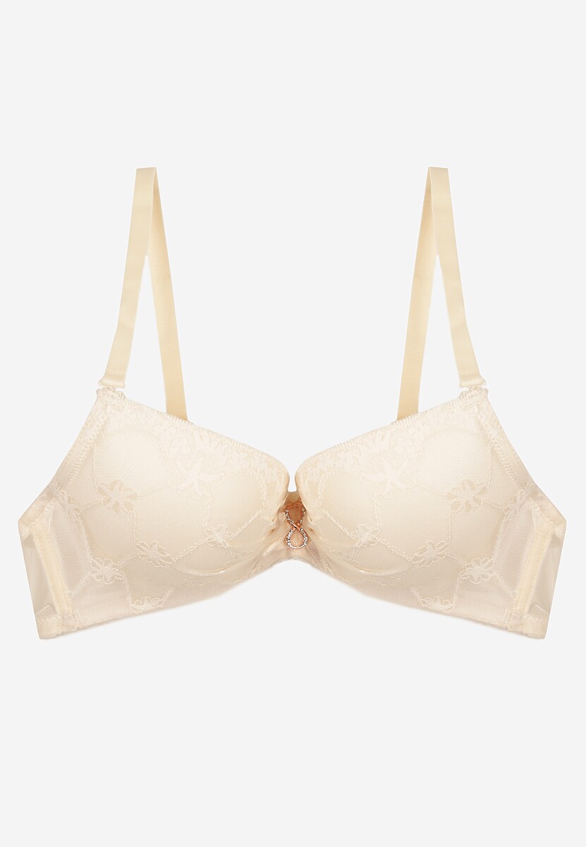 Beżowy Biustonosz Push Up z Koronką i Metaliczną Ozdobą Norirae