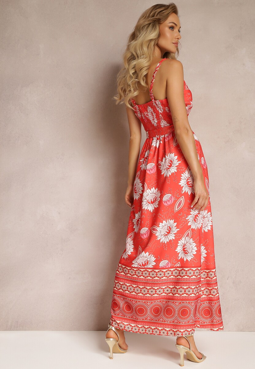 Pomarańczowa Sukienka Maxi na Cienkich Ramiączkach i Rozkloszowanym Dołem z Falbanką Charlei