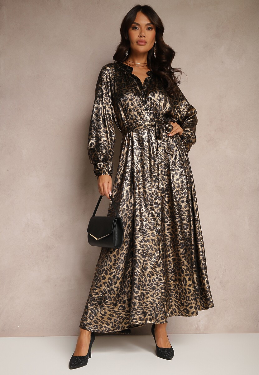 Czarno-Złota Połyskująca Sukienka w Panterkę Wiązana w Pasie Alissin