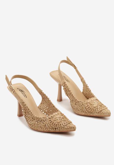 Ciemnobeżowe Sandały na Szpilce Zapinane na Sprzączkę przy Kostce z Plecionką Mirava