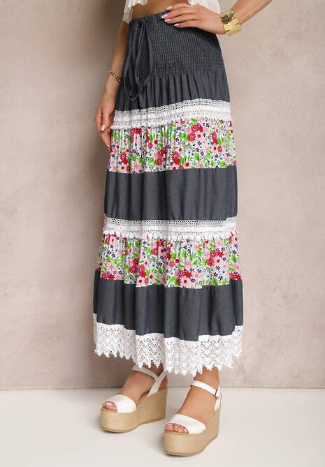 Granatowo-Biała Bawełniana Spódnica High Waist z Gumką w Talii i Ozdobną Koronką Tesaquin