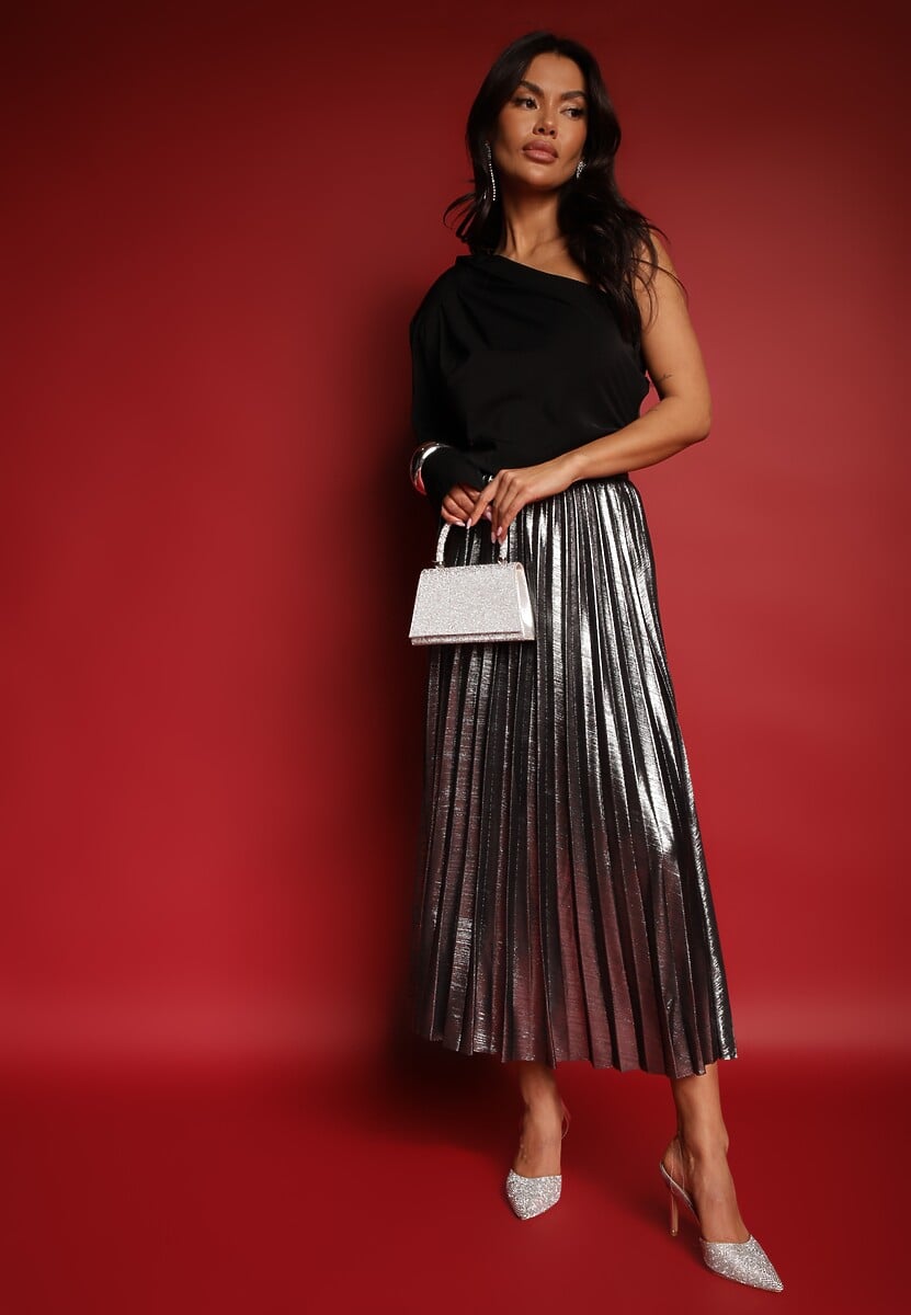 Srebrna Rozkloszowana Spódnica z Plisami i Gumką w Talii Przeszyta Metaliczną Nicią Nelithiel