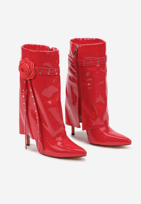 Czerwone Lakierowane Botki z Cholewką Imitującą Nogawkę na Szpilce z Ozdobnym Kwiatkiem Lotiala