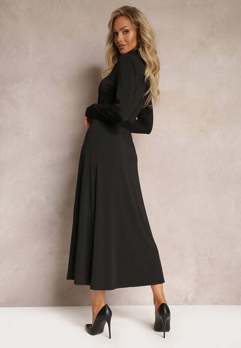 Czarna Długa Sukienka Koszulowa z Wiązaniem w Talii Levae