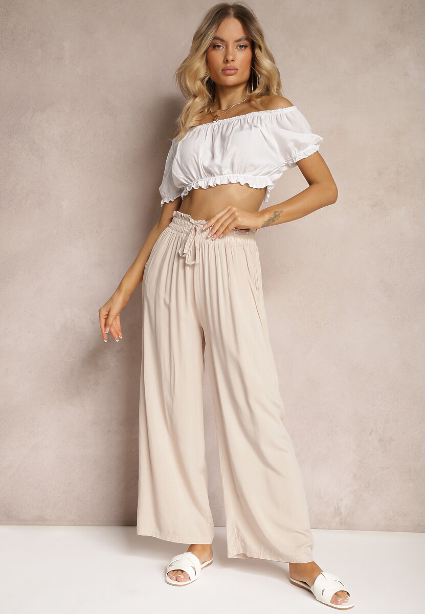 Jasnobeżowe Spodnie Palazzo High Waist z Bawełny Wykończone Gumką w Talii Nellsea