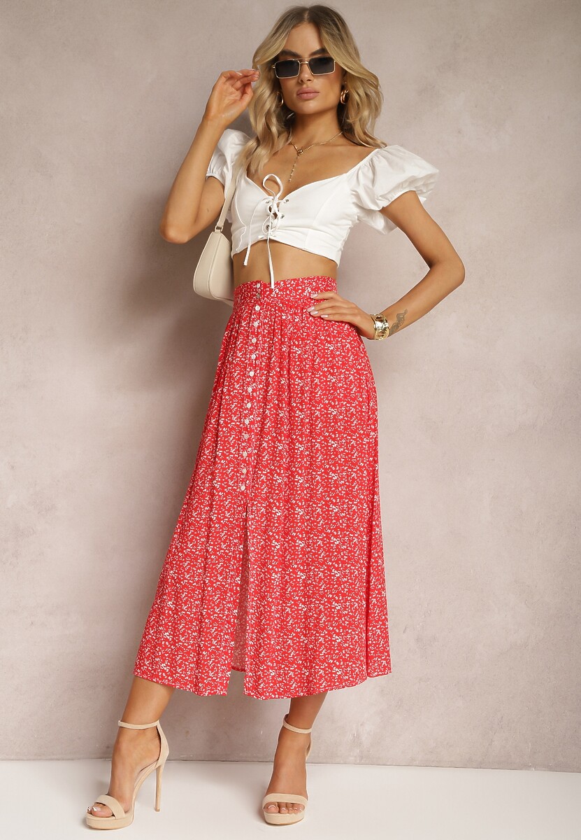 Czerwona Maxi Spódnica Rozkloszowana w Kwiaty z Guzikami Kessame