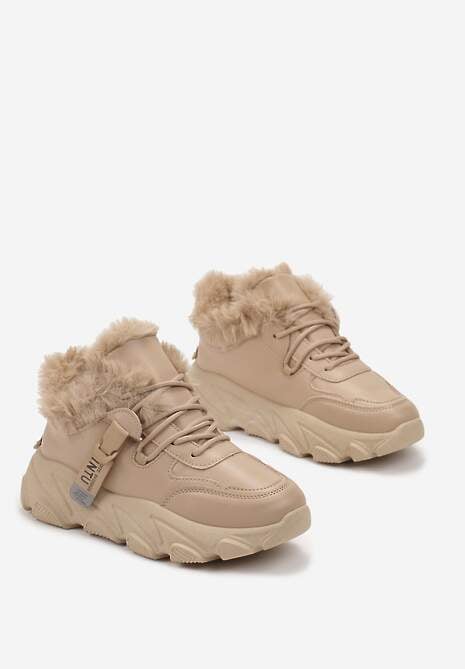 Ciemnobeżowe Sneakersy Przed Kostkę na Płaskiej Grubej Podeszwie z Ociepleniem ze Sztucznego Futerka Borrolla