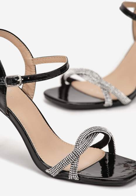 Czarne Sandały na Przezroczystym Obcasie z Paskami z Cyrkoniami Arlingta