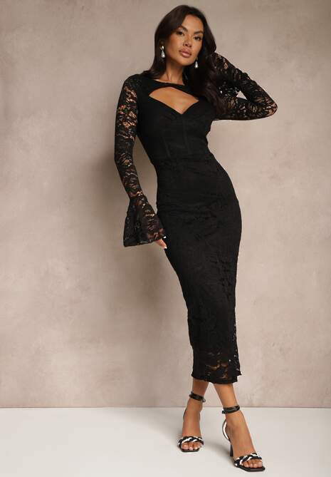 Czarna Koronkowa Sukienka o Dopasowanym Kroju z Rozszerzanymi Rękawami Seliriel