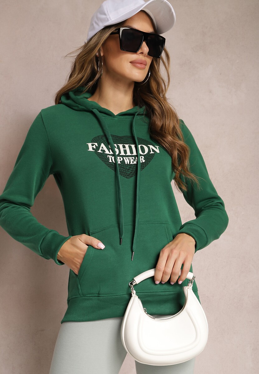 Zielona Bluza Kangurka Ocieplona Polarem z Ozdobnym Nadrukiem Elili