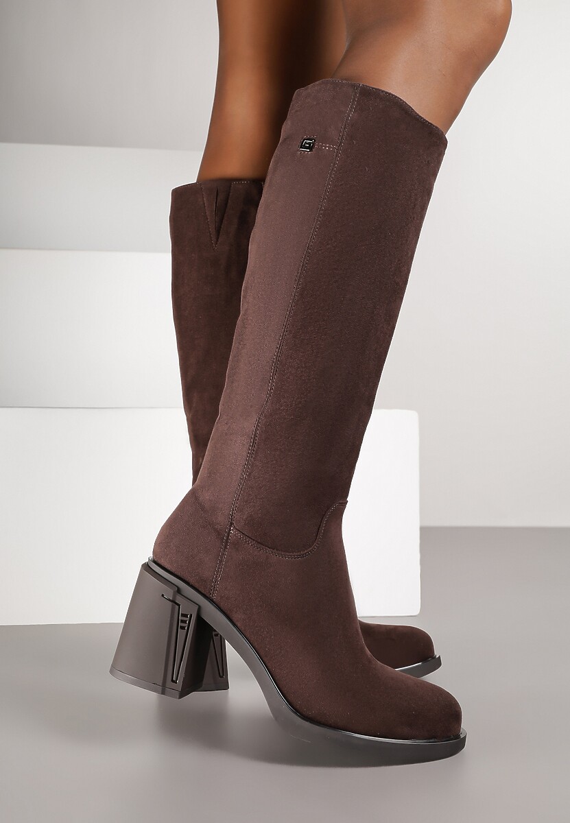 Ciemnobrązowe Kozaki na Słupku w Stylu Muszkieterek Cediara