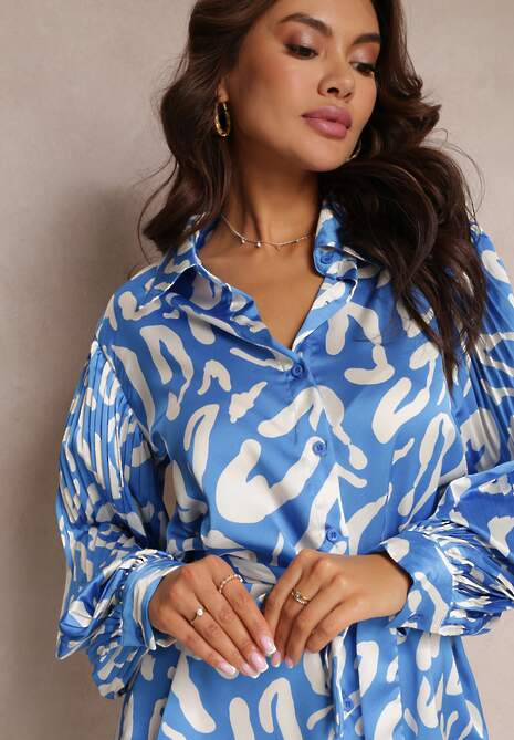 Niebieska Koszulowa Sukienka z Plisowanymi Wstawkami i Materiałowym Paskiem Lizza