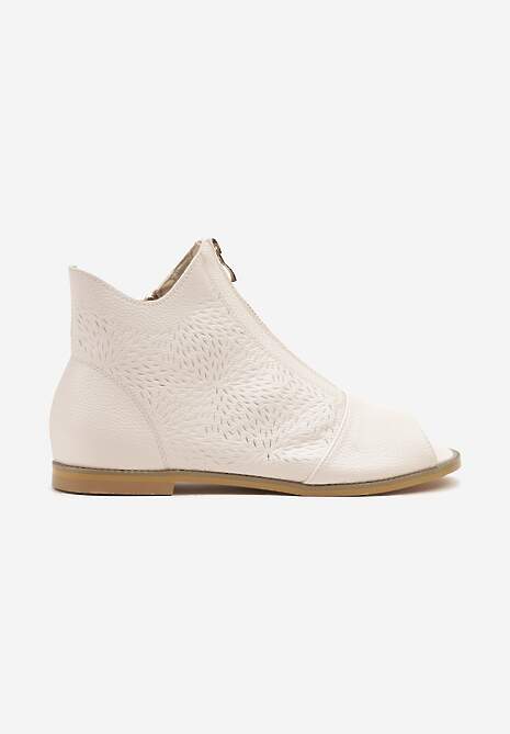 Beżowe Botki ze Skórzaną Wkładką z Tłoczoną Cholewką Lirive