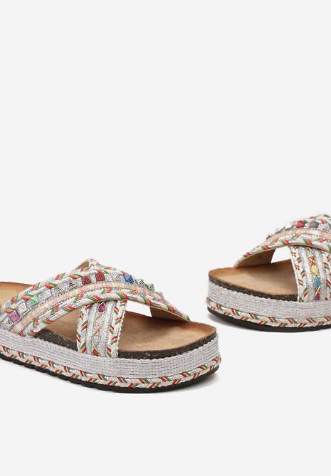 Białe Klapki Ozdobione Kolorową Nitką Cyrkoniami i Brokatem na Grubej Podeszwie Adanrie