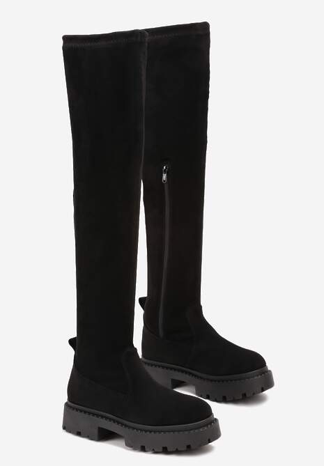 Czarne Kozaki za Kolano z imitacji Zamszu na Grubej Podeszwie Dolce