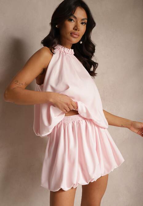 Różowy Bufiasty Komplet z Wiskozy Top i Rozkloszowana Spódnica Calivena