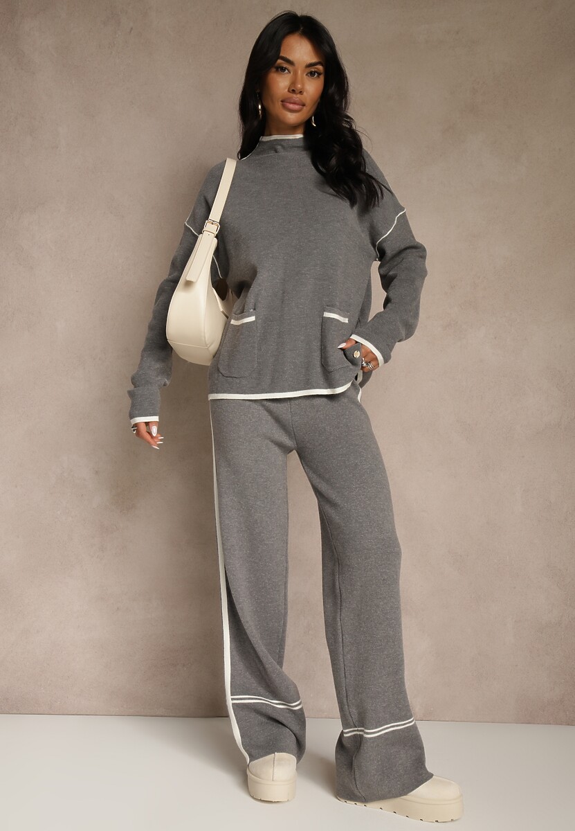 Szary Komplet Dzianinowy Sweter i Spodnie o Szerokim Kroju Ozdobione Lamówką Wedara