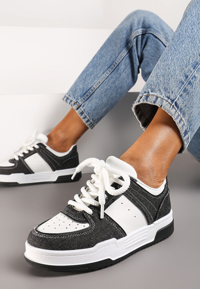 Czarno-Białe Sneakersy z Imitacji Skóry do Kostki ze Sznurowaniami na Grubej Podeszwie Ramara