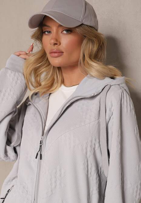 Szary Komplet Dresowy Zdobiony Tłoczeniem Bluza z Kapturem i Joggery Tuseira