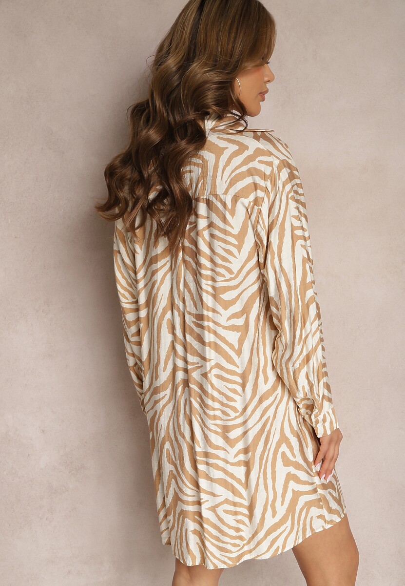 Beżowa Sukienka o Koszulowym Kroju z Dekoltem w Serek i Zapięciem na Guziki Laveira