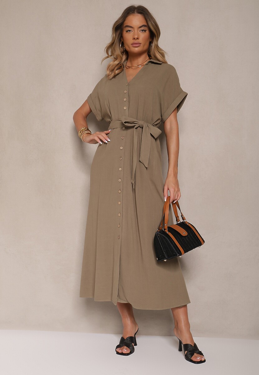 Ciemnozielona Sukienka z Wiskozy i Lnu o Koszulowym Kroju z Paskiem Efralissea