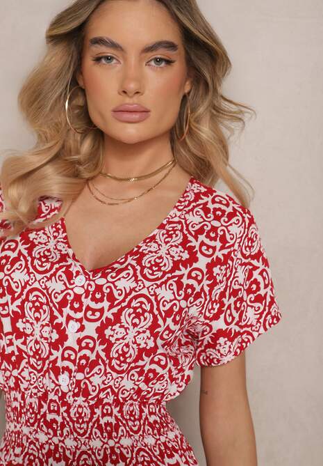 Czerwona Rozkloszowana Sukienka z Bawełny w Print Paisley Lanarisa