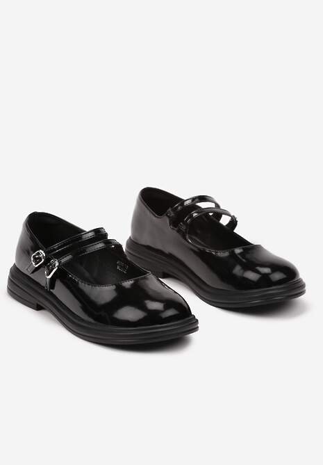 Czarne Półbuty na Płaskiej Podeszwie Ozdobione Sprzączkami i Paskami Erilin