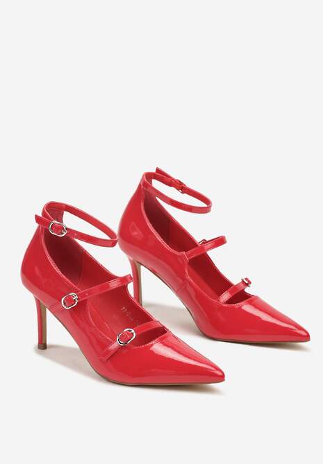 Czerwone Lakierowane Czółenka na Szpilce Zapinane przy Kostce na Sprzączkę Rexilia